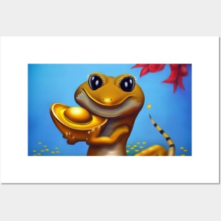 Gecko hold gold ingot Posters and Art